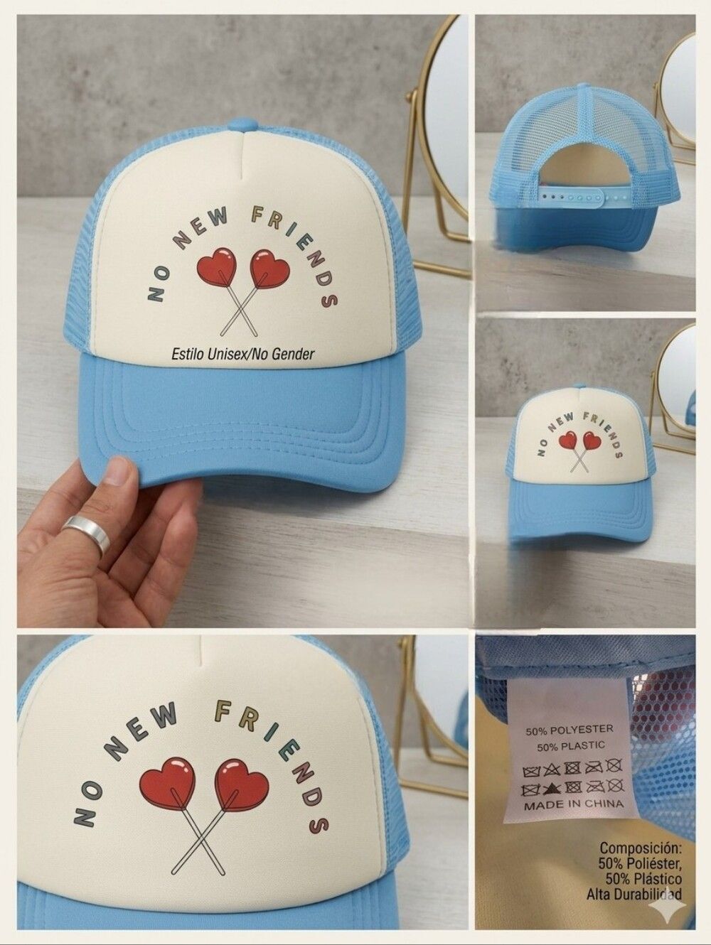 Y2K Style "No New Friends" Trucker Hat - Blue & Cream Unisex Cap